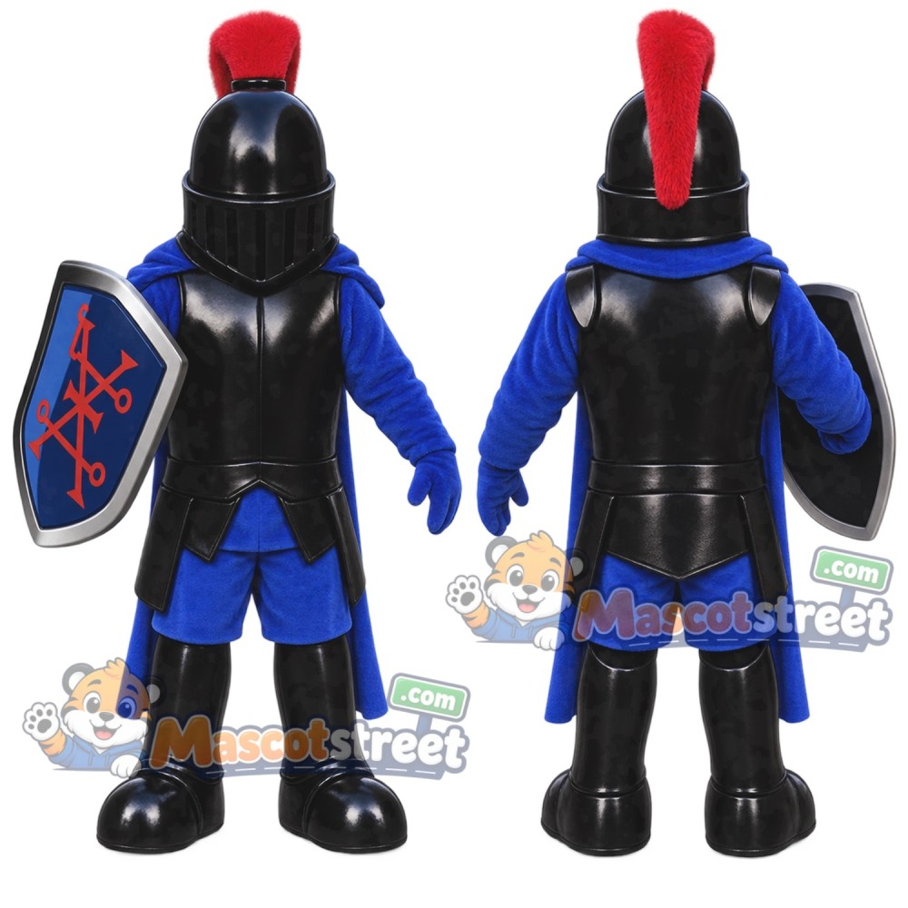 Knight Mascot Costume with Black Armor and Red Helmet Plume Knight Mascot Costume with Black Armor and Red Helmet Plume