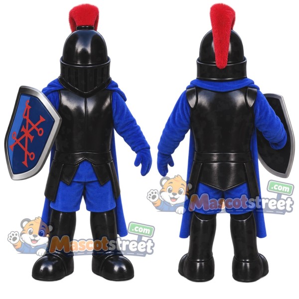 Knight Mascot Costume with Black Armor and Red Helmet Plume