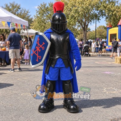 Knight Mascot Costume with Black Armor and Red Helmet Plume Knight Mascot Costume with Black Armor and Red Helmet Plume