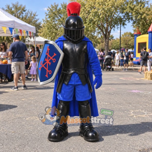 Knight Mascot Costume with Black Armor and Red Helmet Plume