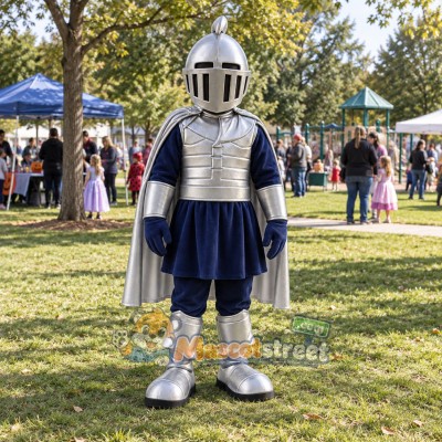Knight Mascot Costume with Silver Armor and Navy Tabard Knight Mascot Costume with Silver Armor and Navy Tabard