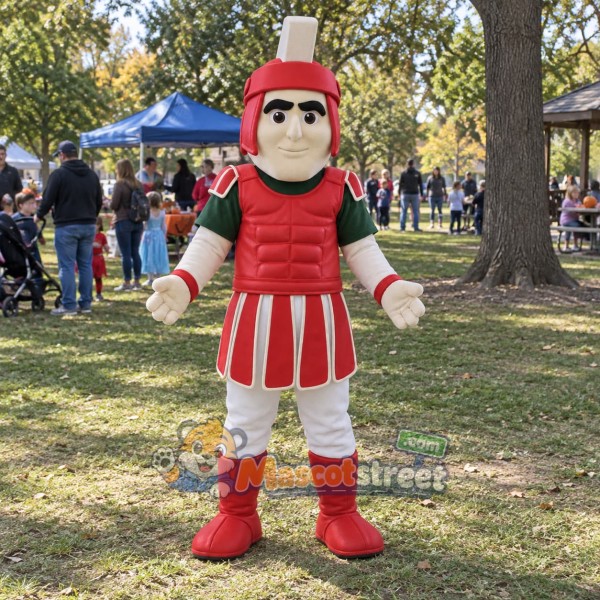 Knight Mascot Costume with Red Armor and Green Sleeves