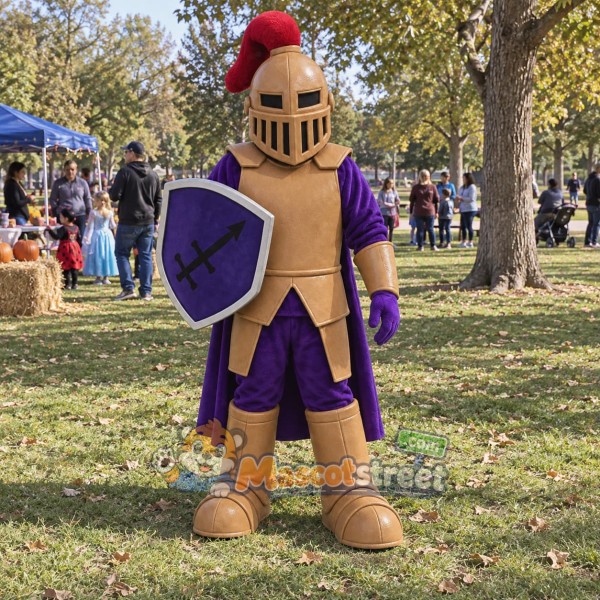 Knight Mascot Costume with Bronze Armor and Purple Tabard
