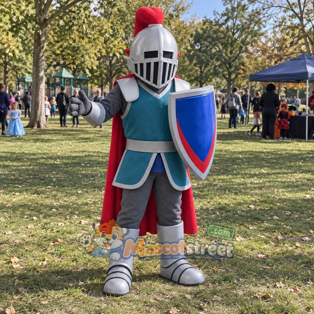 Knight Mascot Costume with Silver Armor and Teal Tabard Knight Mascot Costume with Silver Armor and Teal Tabard