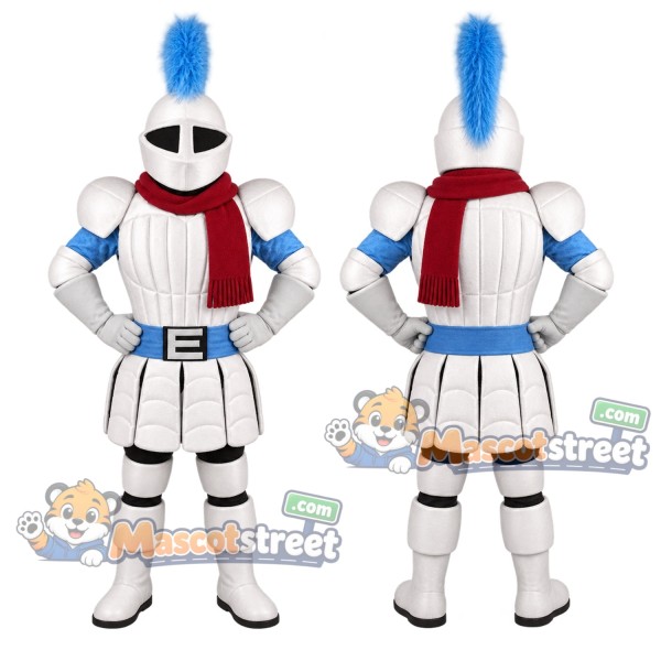 Knight Mascot Costume with Silver Armor and Red Scarf