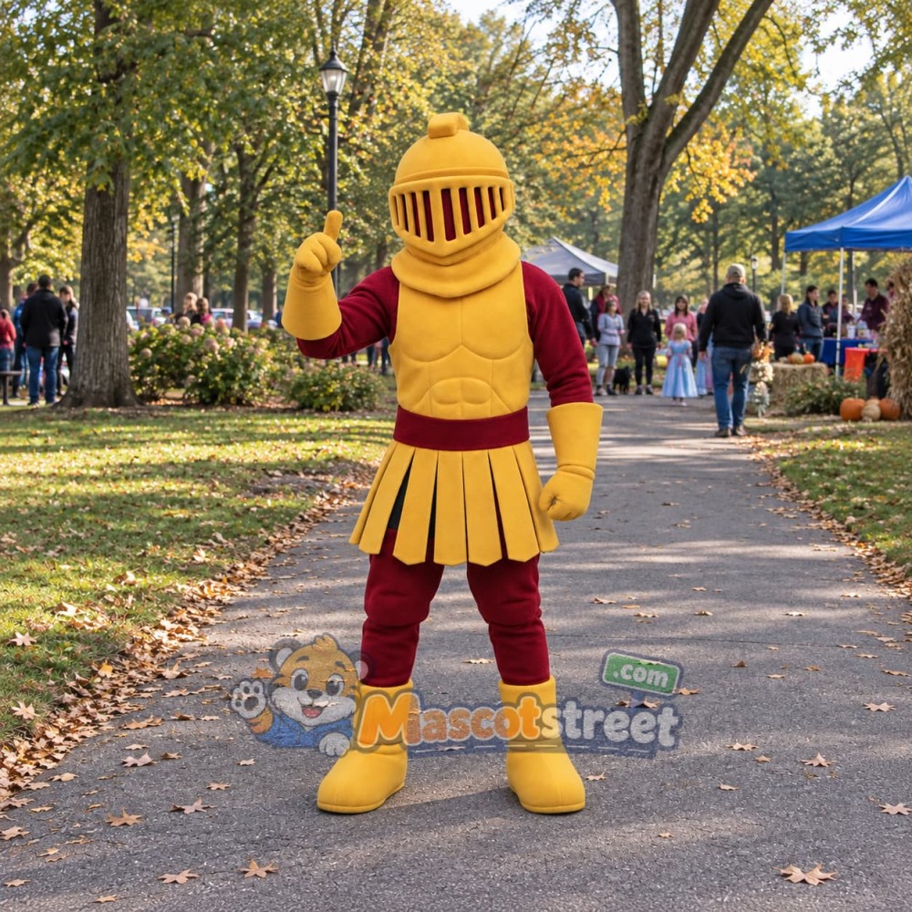 Knight Mascot Costume with Gold Armor and Red Sleeves
