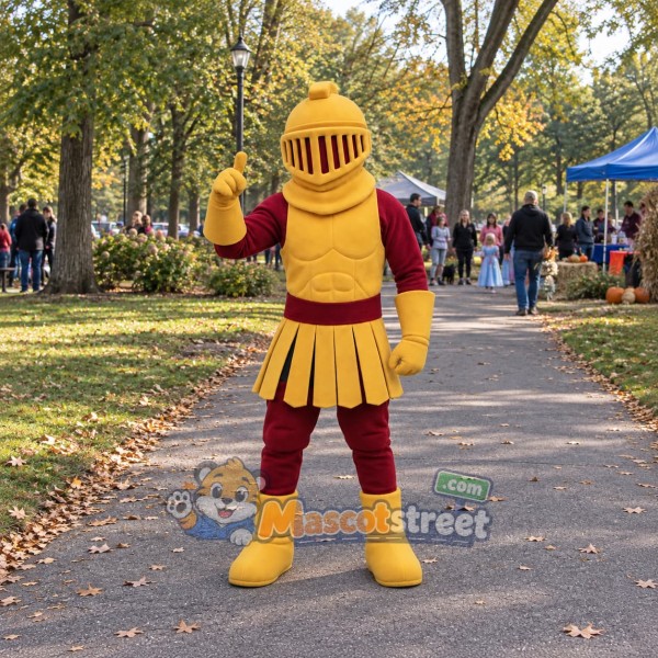 Knight Mascot Costume with Gold Armor and Red Sleeves