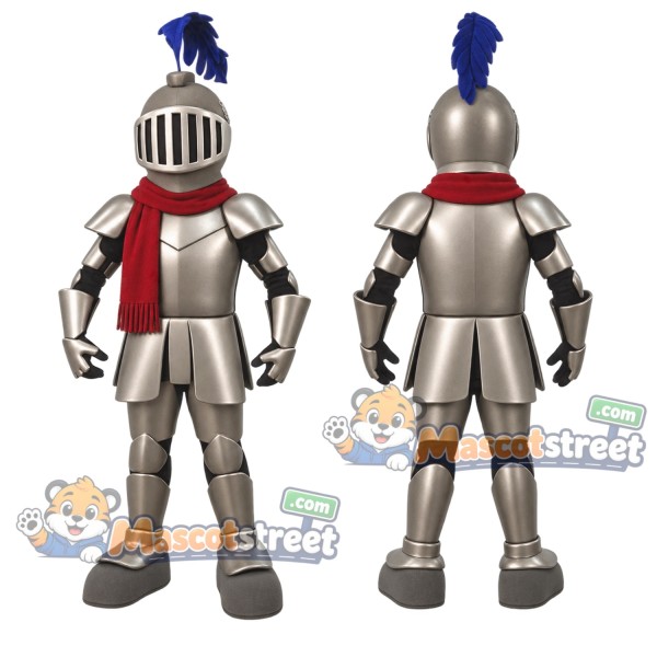 Knight Mascot Costume with Silver Armor and Blue Plume