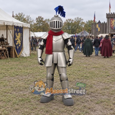 Knight Mascot Costume with Silver Armor and Blue Plume Knight Mascot Costume with Silver Armor and Blue Plume