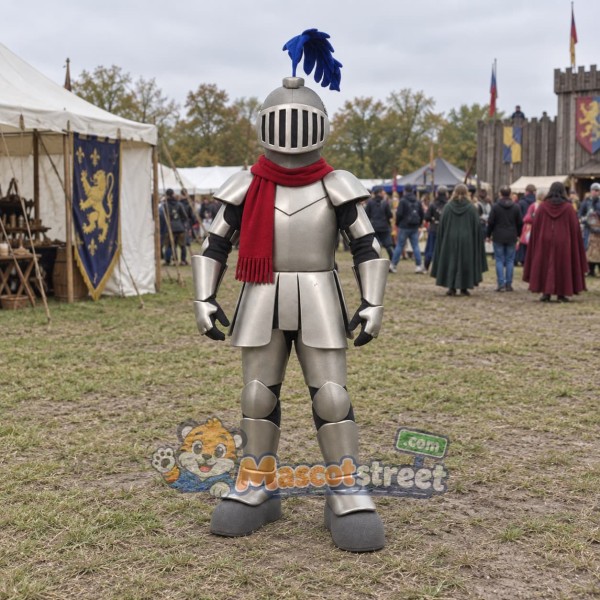 Knight Mascot Costume with Silver Armor and Blue Plume
