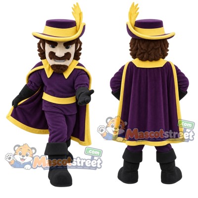 Cavalier Mascot Costume with Purple Outfit and Feathered Hat Cavalier Mascot Costume with Purple Outfit and Feathered Hat