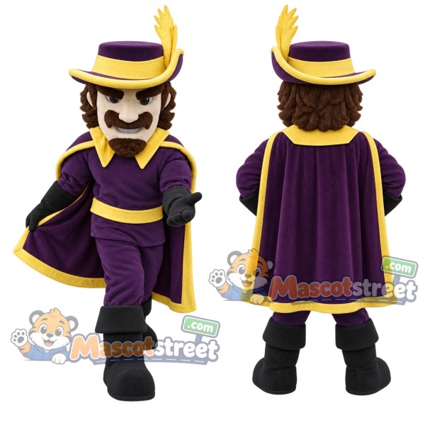 Cavalier Mascot Costume with Purple Outfit and Feathered Hat