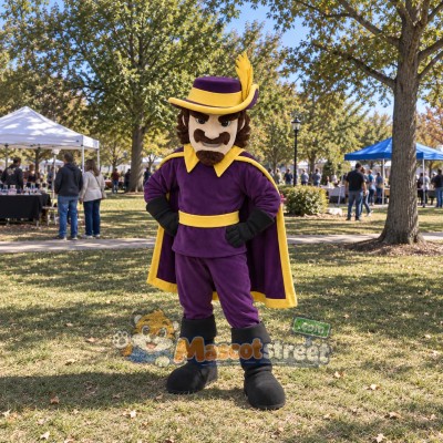 Cavalier Mascot Costume with Purple Outfit and Feathered Hat Cavalier Mascot Costume with Purple Outfit and Feathered Hat