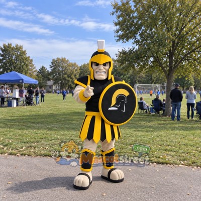 Spartan Warrior Mascot Costume with Black and Gold Armor Spartan Warrior Mascot Costume with Black and Gold Armor