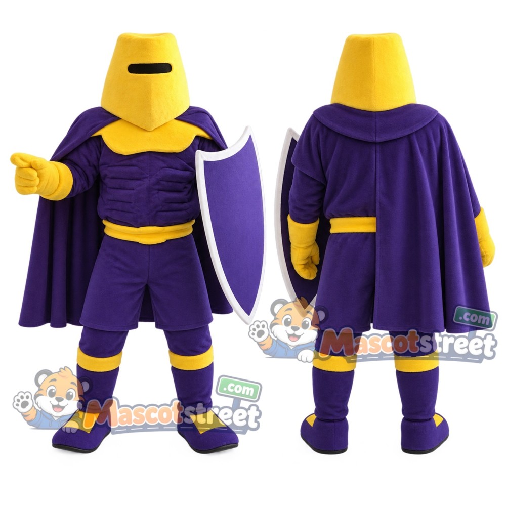 Knight Mascot Costume with Purple Cape and Gold Helmet Knight Mascot Costume with Purple Cape and Gold Helmet