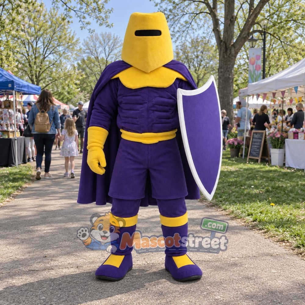 Knight Mascot Costume with Purple Cape and Gold Helmet Knight Mascot Costume with Purple Cape and Gold Helmet