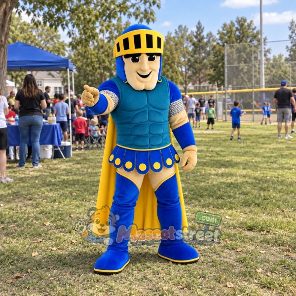Knight Mascot Costume with Blue and Gold Armor
