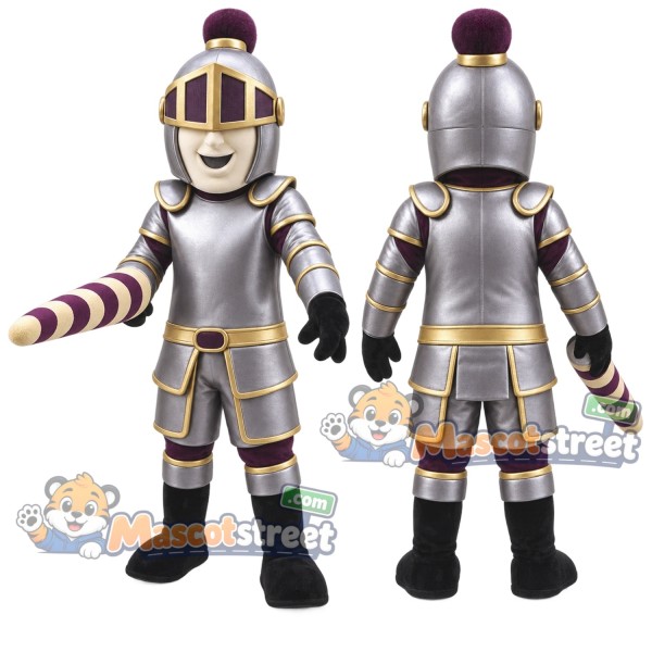 Knight Mascot Costume with Silver Armor and Purple Plume