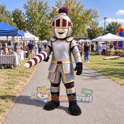 Knight Mascot Costume with Silver Armor and Purple Plume Knight Mascot Costume with Silver Armor and Purple Plume