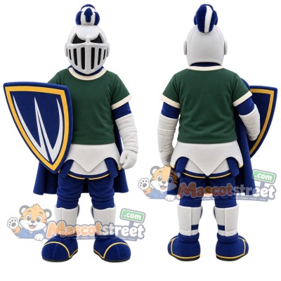 Knight Mascot Costume with Silver Helmet and Green Shirt