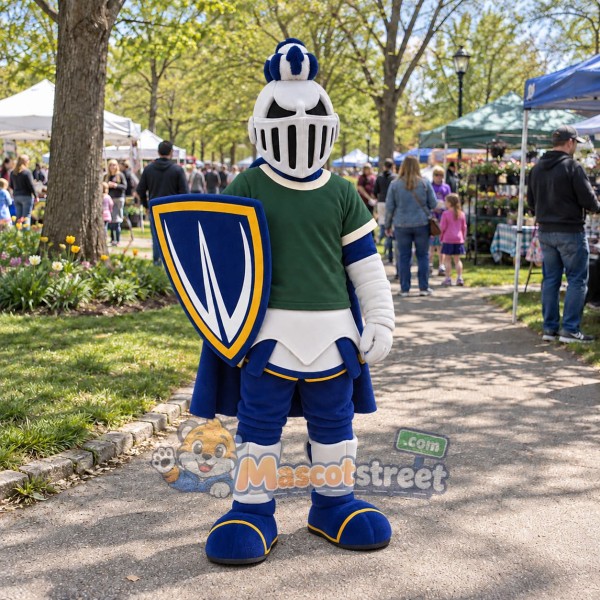 Knight Mascot Costume with Silver Helmet and Green Shirt