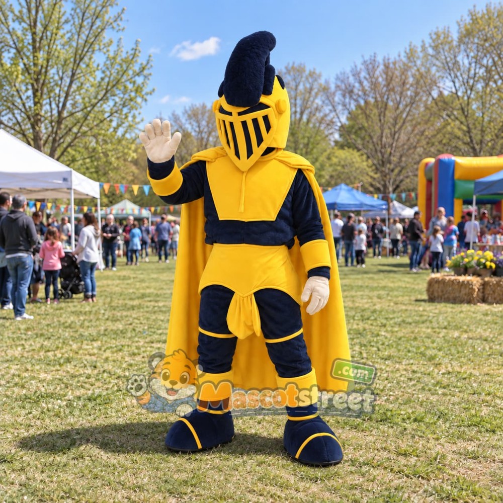 Knight Mascot Costume with Yellow and Black Armor with Navy Plume Knight Mascot Costume with Yellow and Black Armor with Navy Plume