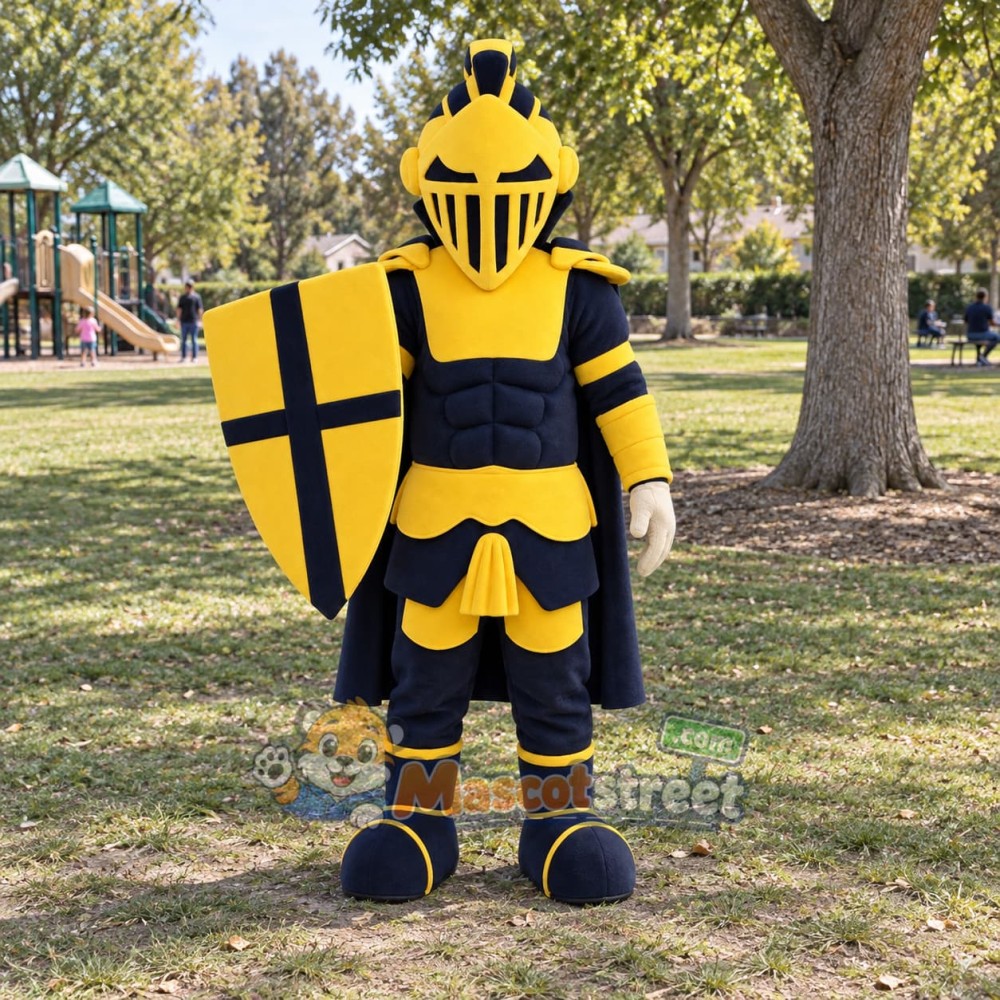 Knight Mascot Costume with Yellow and Black Armor with Shield Knight Mascot Costume with Yellow and Black Armor with Shield
