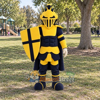 Knight Mascot Costume with Yellow and Black Armor with Shield Knight Mascot Costume with Yellow and Black Armor with Shield