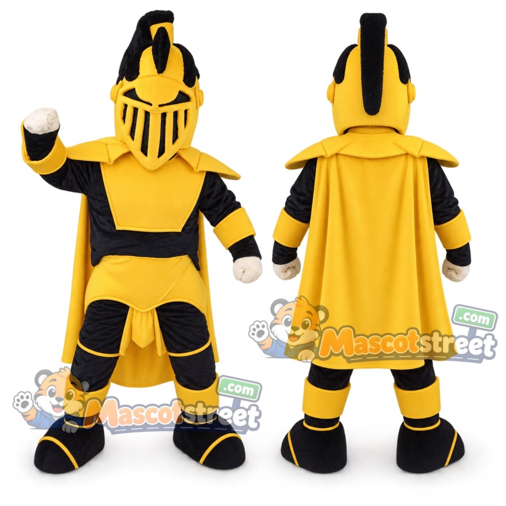 Knight Mascot Costume with Yellow and Black Armor with Yellow Cape Knight Mascot Costume with Yellow and Black Armor with Yellow Cape