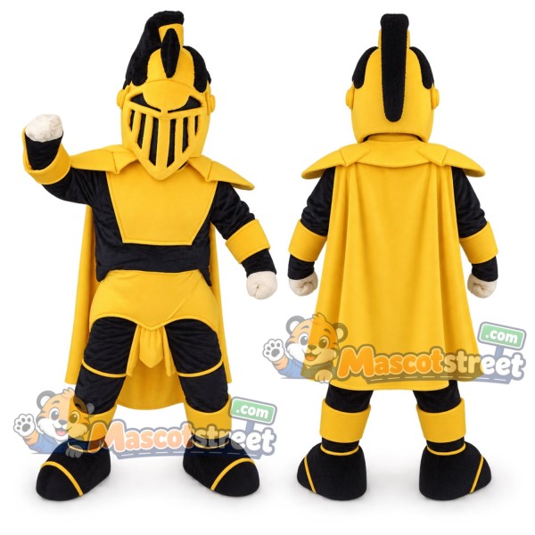 Knight Mascot Costume with Yellow and Black Armor with Yellow Cape