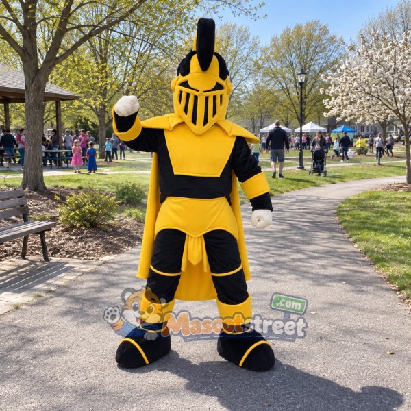 Knight Mascot Costume with Yellow and Black Armor with Yellow Cape
