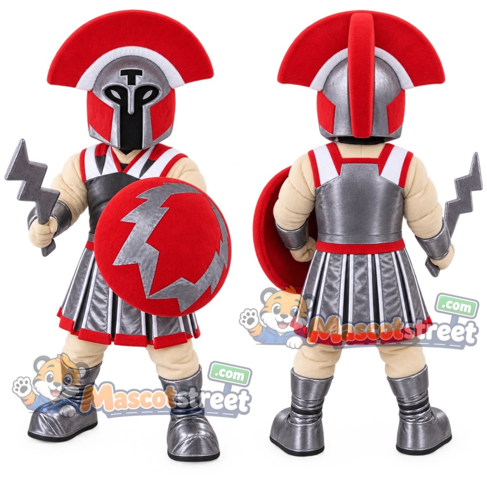 Spartan Warrior Mascot Costume with Red and Silver Armor Spartan Warrior Mascot Costume with Red and Silver Armor