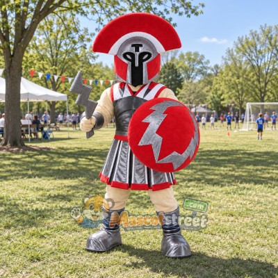Spartan Warrior Mascot Costume with Red and Silver Armor Spartan Warrior Mascot Costume with Red and Silver Armor