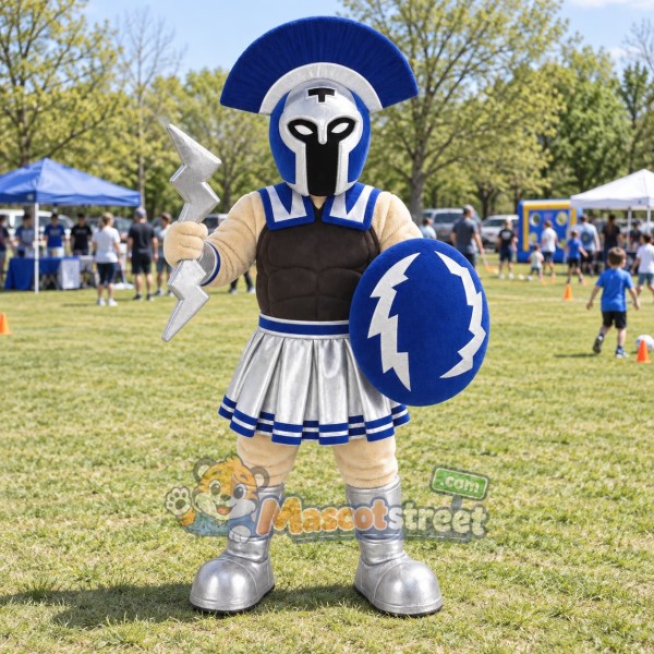 Spartan Warrior Mascot Costume with Blue and Silver Armor
