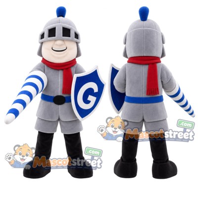 Knight Mascot Costume with Silver Helmet and Red Scarf with Shield