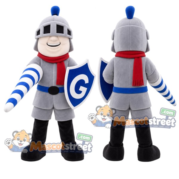 Knight Mascot Costume with Silver Helmet and Red Scarf with Shield