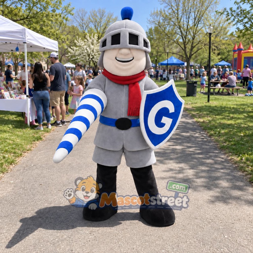 Knight Mascot Costume with Silver Helmet and Red Scarf with Shield