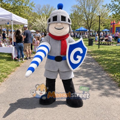 Knight Mascot Costume with Silver Helmet and Red Scarf with Shield