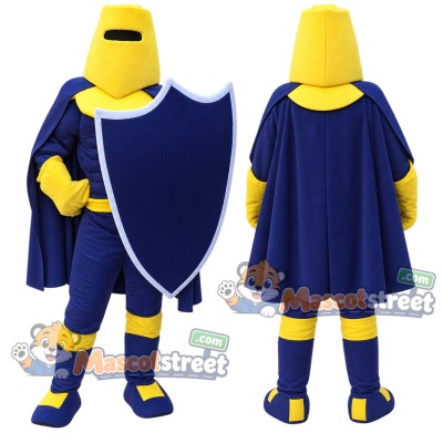 Knight Mascot Costume with Navy Outfit and Yellow Helmet