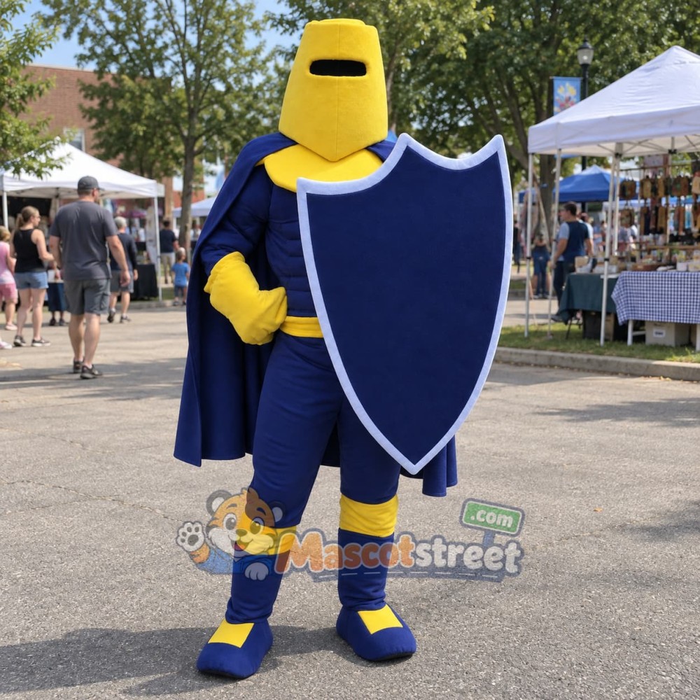 Knight Mascot Costume with Navy Outfit and Yellow Helmet