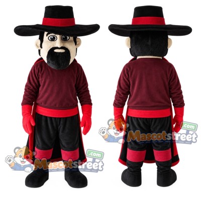 Mustached Swordsman Mascot Costume with Black Hat and Burgundy Shirt Mustached Swordsman Mascot Costume with Black Hat and Burgundy Shirt