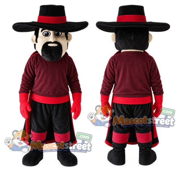 Mustached Swordsman Mascot Costume with Black Hat and Burgundy Shirt