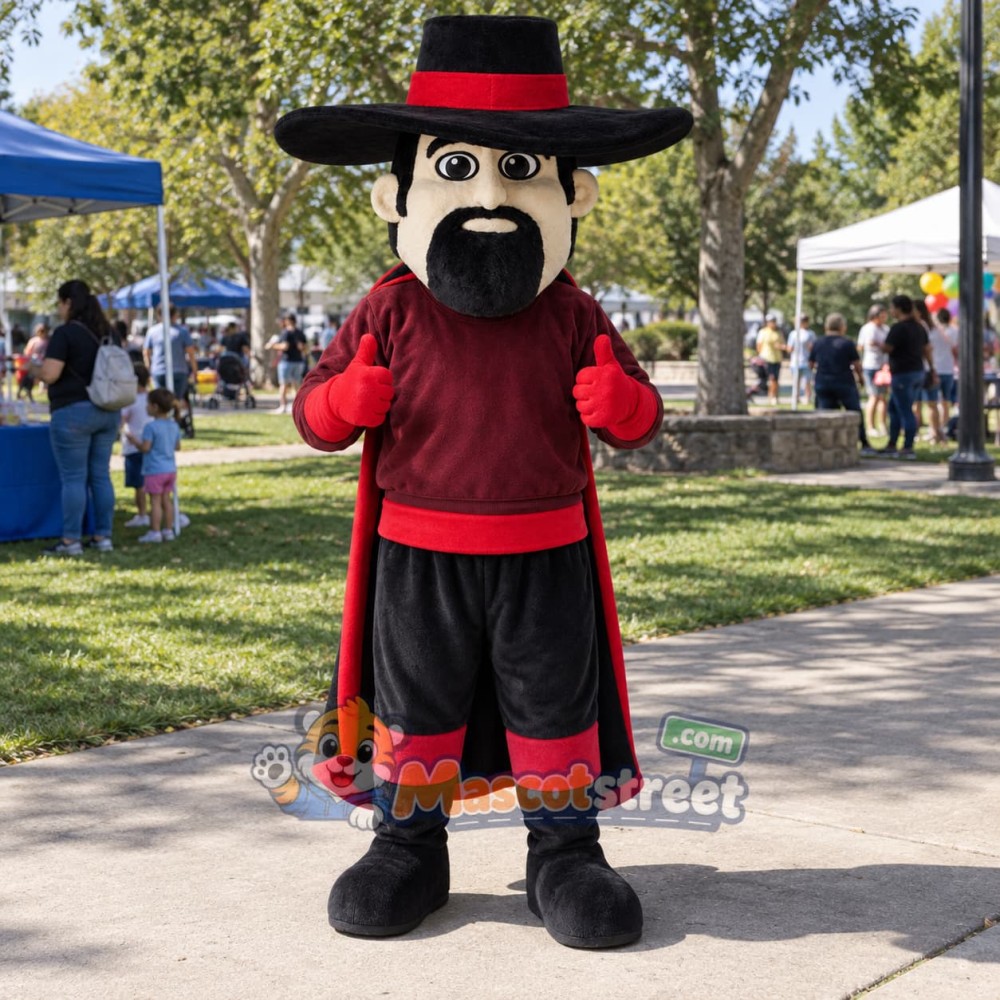 Mustached Swordsman Mascot Costume with Black Hat and Burgundy Shirt Mustached Swordsman Mascot Costume with Black Hat and Burgundy Shirt