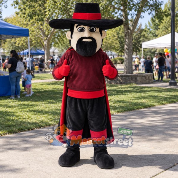 Mustached Swordsman Mascot Costume with Black Hat and Burgundy Shirt