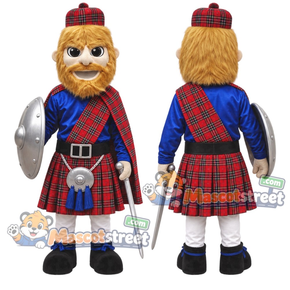 Highland Warrior Mascot Costume with Red Tartan Kilt and Silver Armor Highland Warrior Mascot Costume with Red Tartan Kilt and Silver Armor