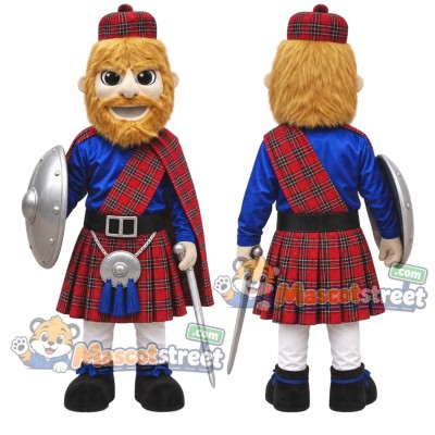 Highland Warrior Mascot Costume with Red Tartan Kilt and Silver Armor Highland Warrior Mascot Costume with Red Tartan Kilt and Silver Armor