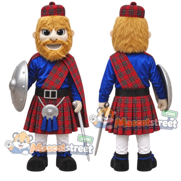 Highland Warrior Mascot Costume with Red Tartan Kilt and Silver Armor