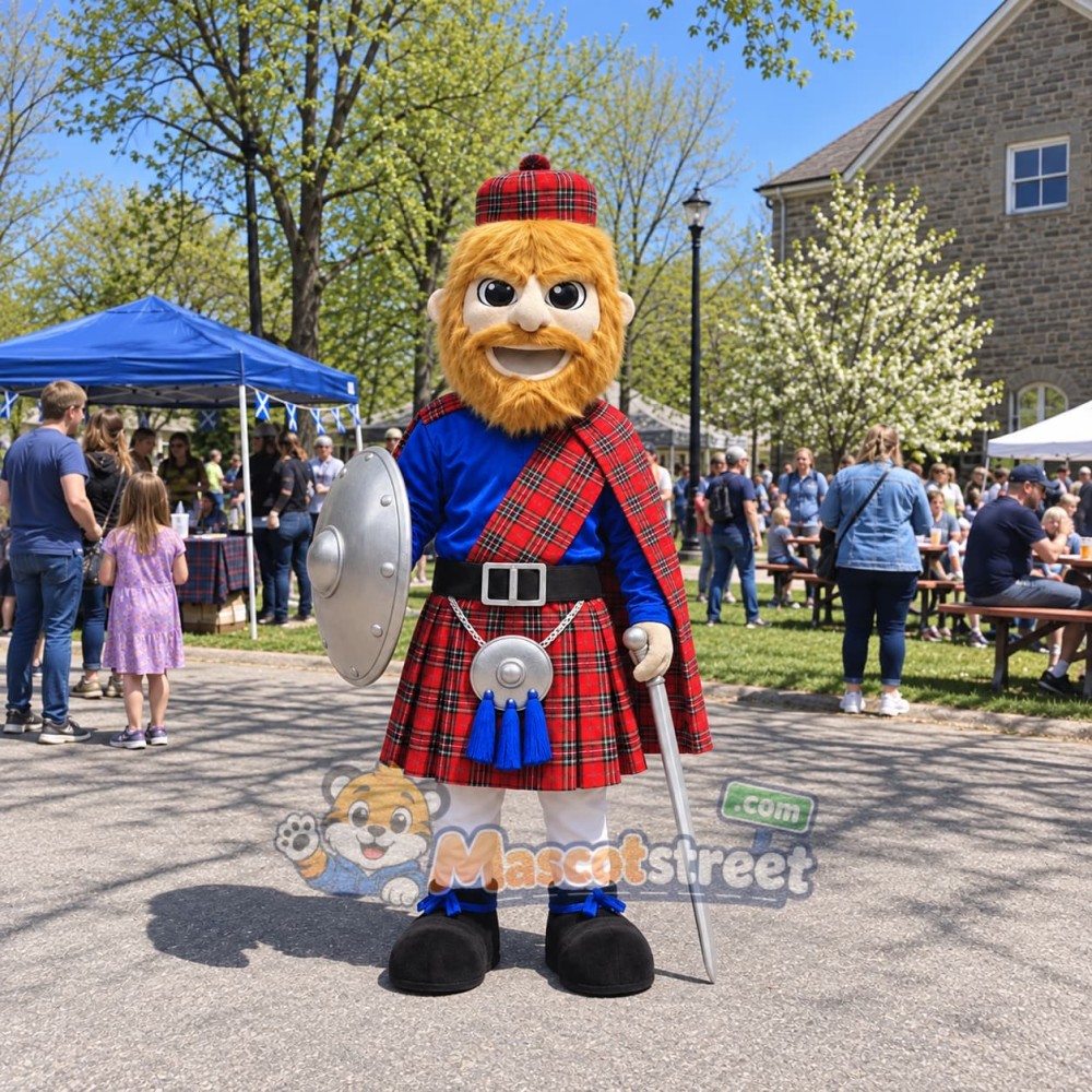 Highland Warrior Mascot Costume with Red Tartan Kilt and Silver Armor Highland Warrior Mascot Costume with Red Tartan Kilt and Silver Armor