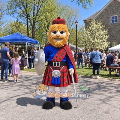 Highland Warrior Mascot Costume with Red Tartan Kilt and Silver Armor Highland Warrior Mascot Costume with Red Tartan Kilt and Silver Armor