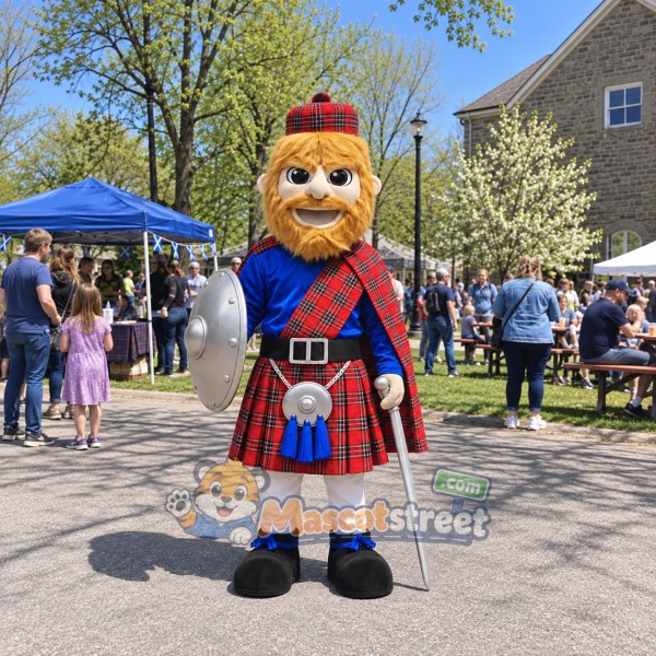 Highland Warrior Mascot Costume with Red Tartan Kilt and Silver Armor